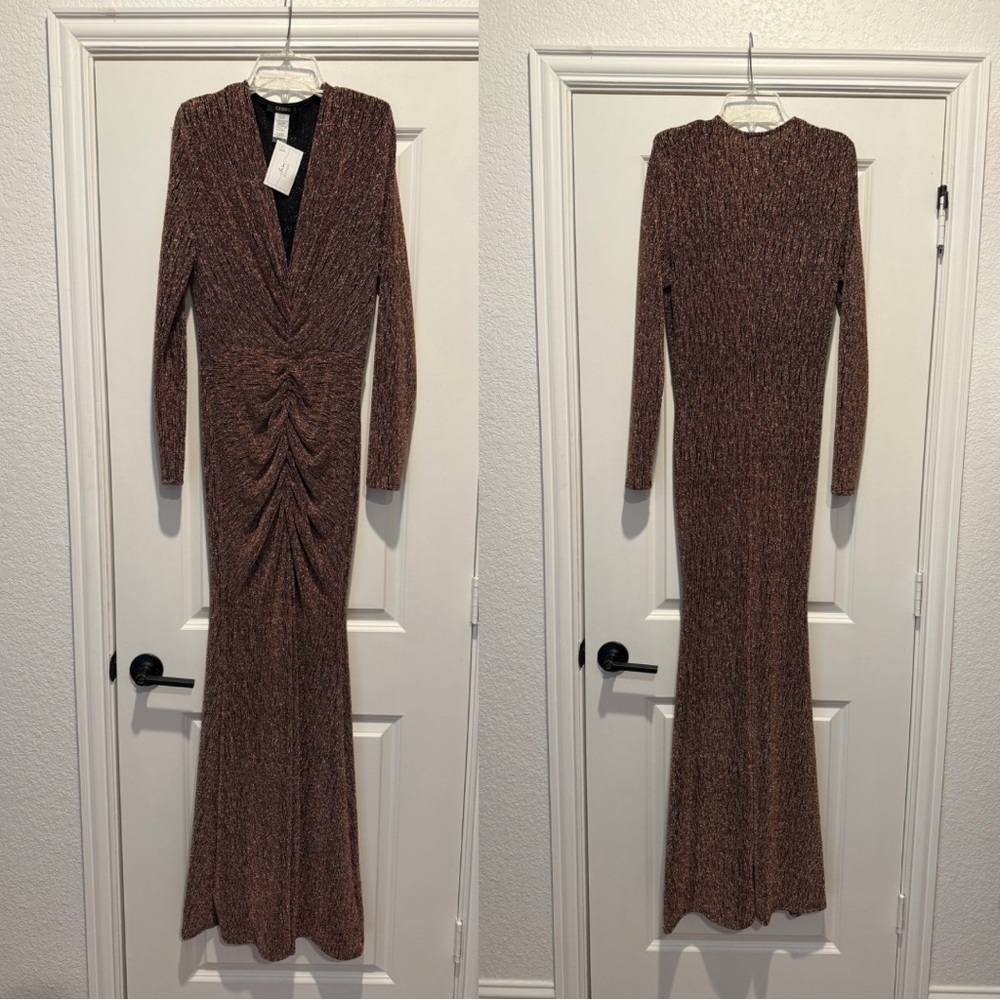 NWT ROUCHED LONG SLEEVE BROWN DRESS SIZE MEDIUM - Picture 2 of 4